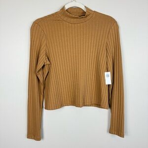 Old Navy Cropped Ribbed Tan Long Sleeve Top Womens Small Brown High Neck Shirt